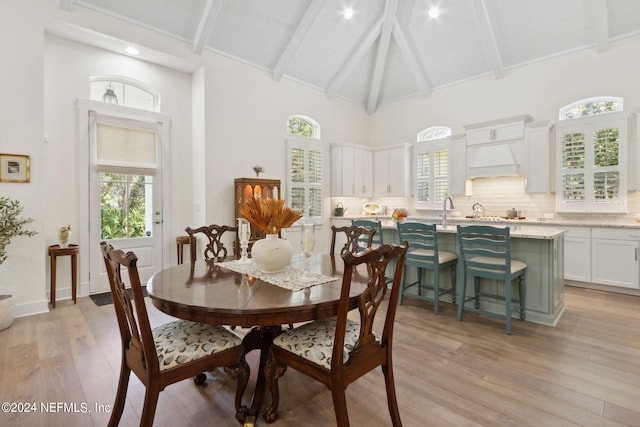 1505 Lakeside Ct, Fernandina Beach, FL 32034 - dining space featuring wood ceiling, high vaulted ceiling, light wood-style floors, and beamed ceiling