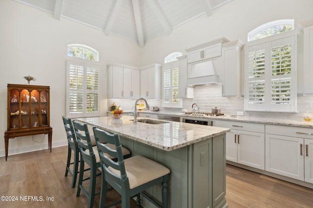 1505 Lakeside Ct, Fernandina Beach, FL 32034 - kitchen with decorative backsplash, custom exhaust hood, a center island with sink, a sink, and light wood-type flooring