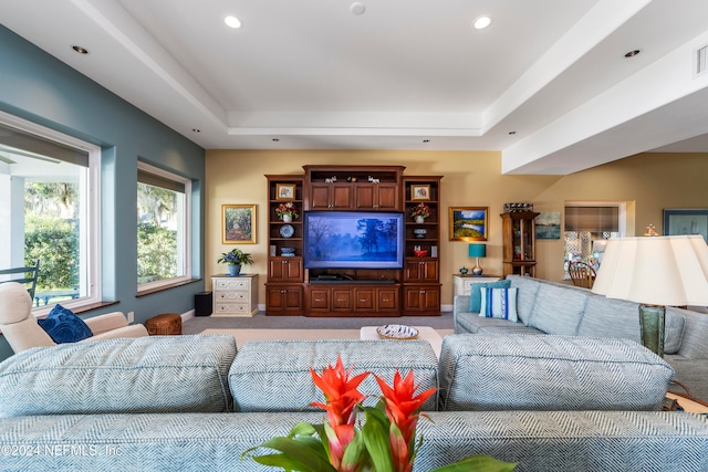 living room featuring a tray ceiling and carpet