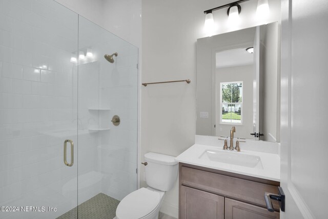 bathroom with toilet, vanity, and walk in shower