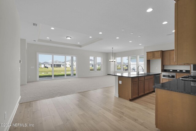 kitchen featuring sink, hanging light fixtures, stainless steel dishwasher, a raised ceiling, and light carpet