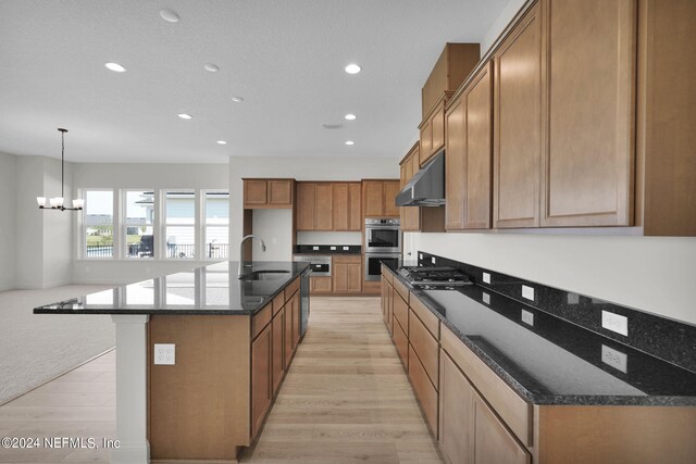 kitchen with pendant lighting, sink, a large island, light hardwood / wood-style floors, and stainless steel appliances