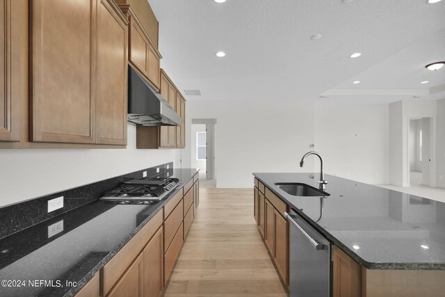 kitchen with sink, light hardwood / wood-style flooring, dark stone countertops, appliances with stainless steel finishes, and a kitchen island with sink