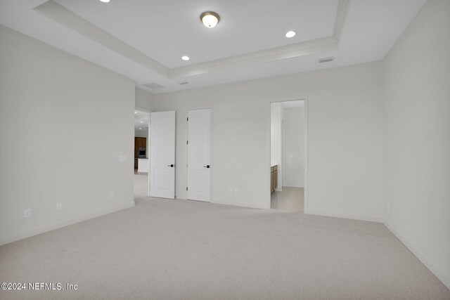 unfurnished room with a raised ceiling and carpet flooring