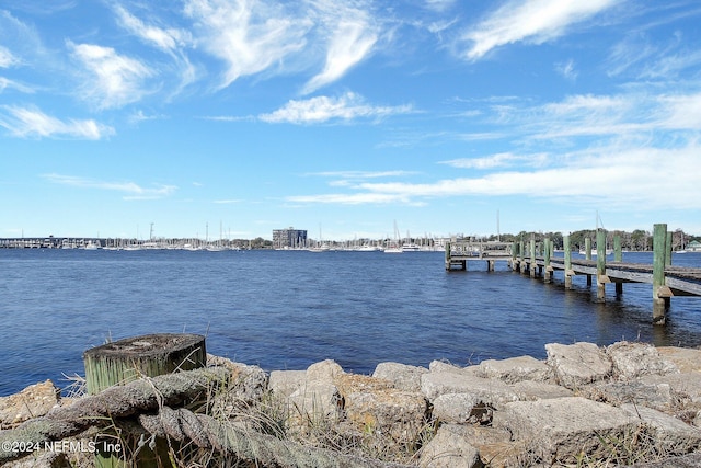 view of dock with a water view