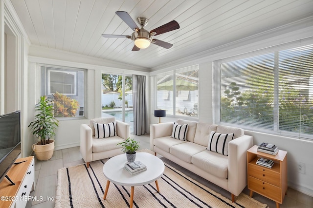 sunroom / solarium featuring wood ceiling and ceiling fan