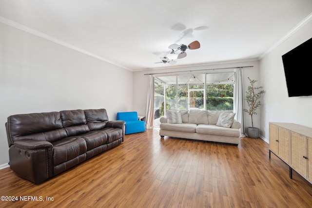 living room with ceiling fan, crown molding, and hardwood / wood-style floors