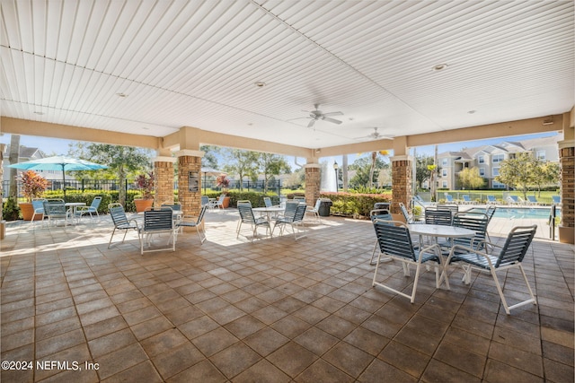 view of patio with ceiling fan and a community pool