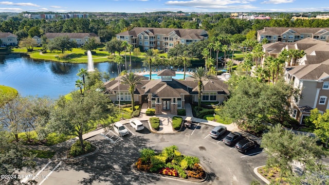 drone / aerial view with a water view