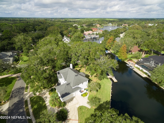 bird's eye view with a water view