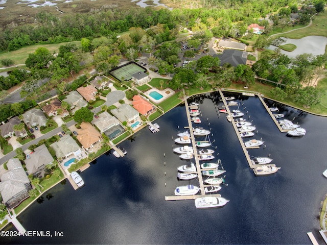 bird's eye view with a water view