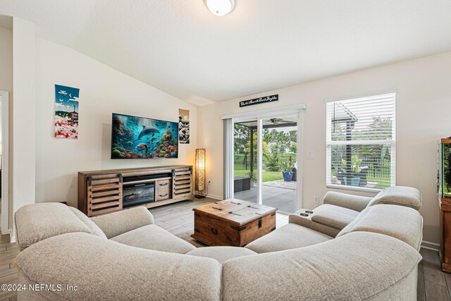 living room with light hardwood / wood-style flooring, vaulted ceiling, and a fireplace