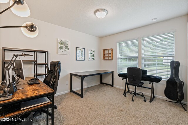 carpeted home office with a textured ceiling