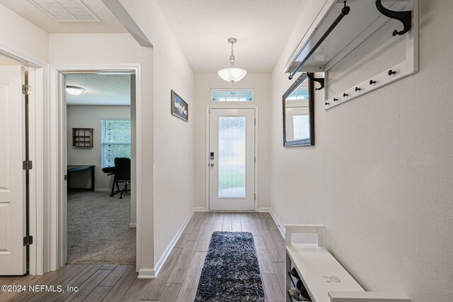 doorway featuring light hardwood / wood-style floors and a textured ceiling