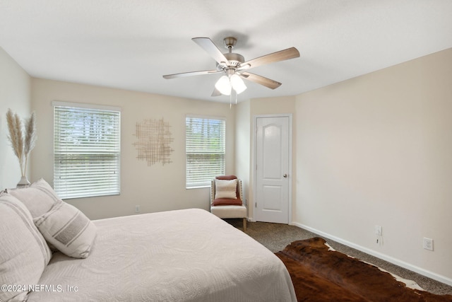 carpeted bedroom with ceiling fan and multiple windows