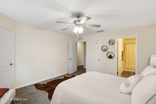 carpeted bedroom featuring ceiling fan and connected bathroom