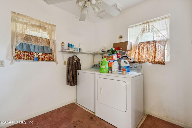 clothes washing area with ceiling fan, carpet flooring, and washing machine and dryer