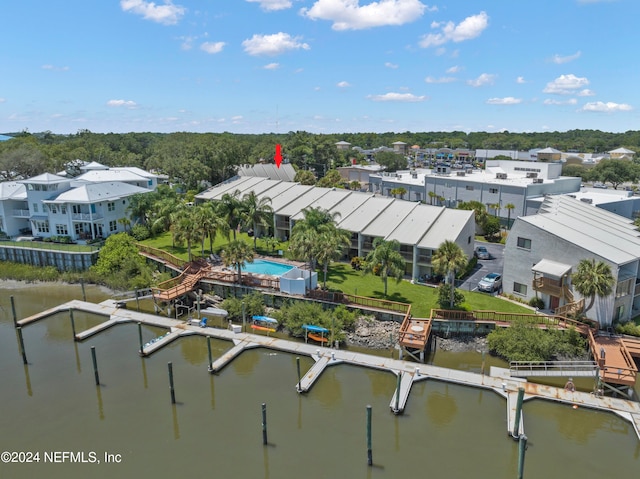 drone / aerial view with a water view