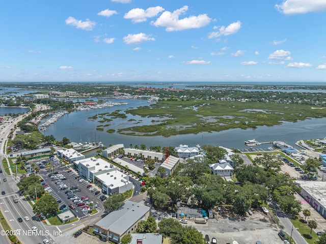 drone / aerial view featuring a water view