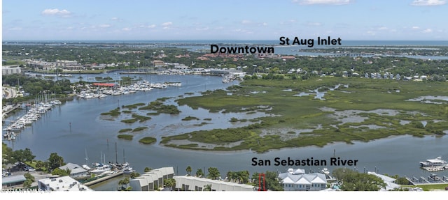 birds eye view of property featuring a water view