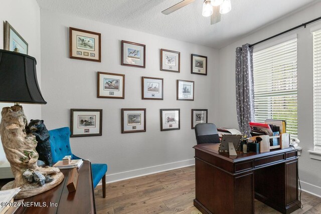 office with ceiling fan, hardwood / wood-style flooring, and a textured ceiling