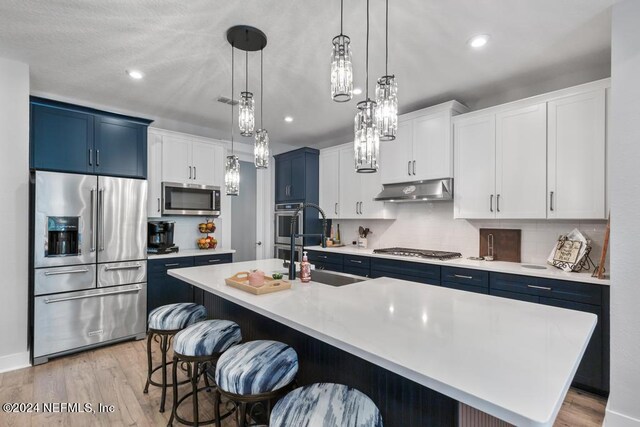 kitchen with sink, a kitchen island with sink, blue cabinetry, stainless steel appliances, and light wood-type flooring