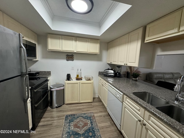 kitchen with appliances with stainless steel finishes, crown molding, and a tray ceiling