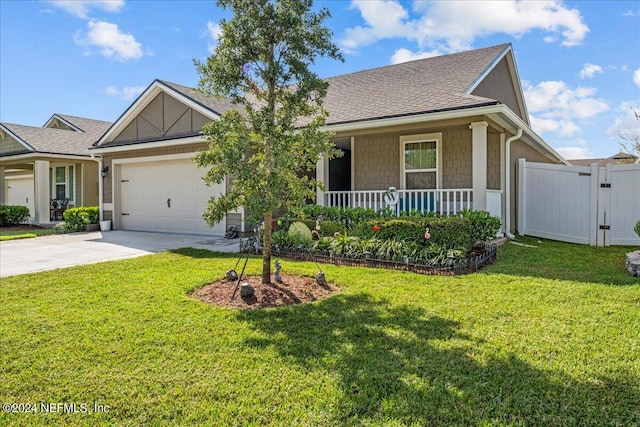 view of front of house with a porch, a garage, and a front yard