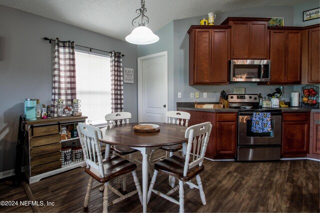 dining room featuring lofted ceiling, a textured ceiling, and dark hardwood / wood-style flooring