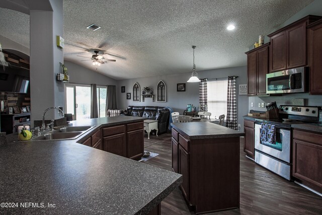 kitchen featuring ceiling fan, lofted ceiling, appliances with stainless steel finishes, a center island, and dark hardwood / wood-style flooring