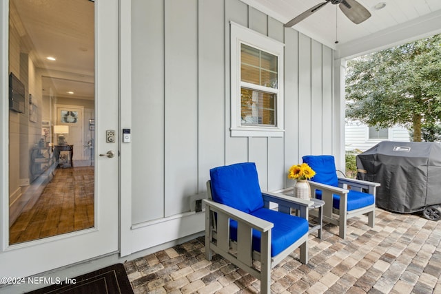 view of patio featuring ceiling fan and area for grilling