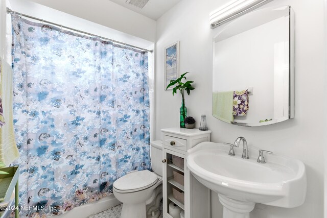 bathroom with sink, toilet, and a shower with shower curtain