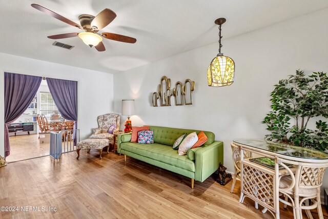 living room with hardwood / wood-style floors and ceiling fan