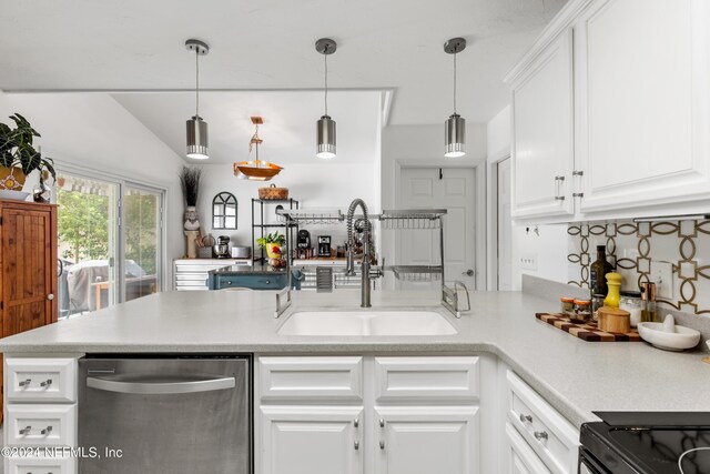 kitchen with dishwasher, sink, white cabinets, kitchen peninsula, and hanging light fixtures