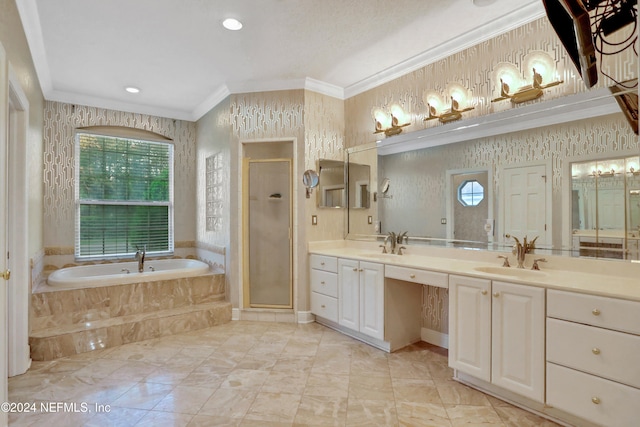 bathroom featuring vanity, crown molding, and independent shower and bath