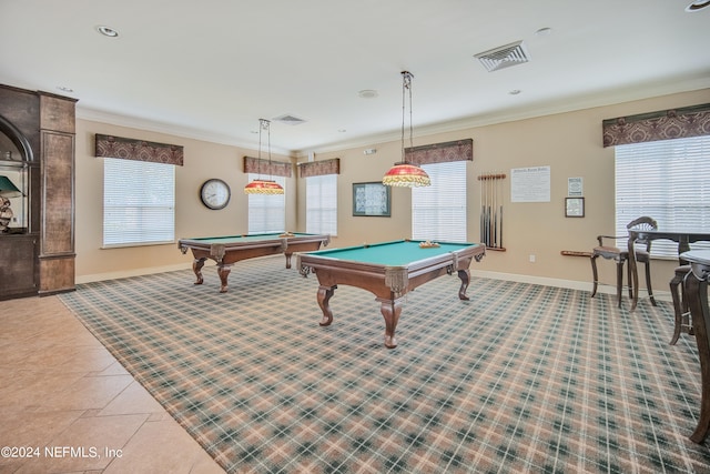 rec room with crown molding, billiards, and tile patterned floors