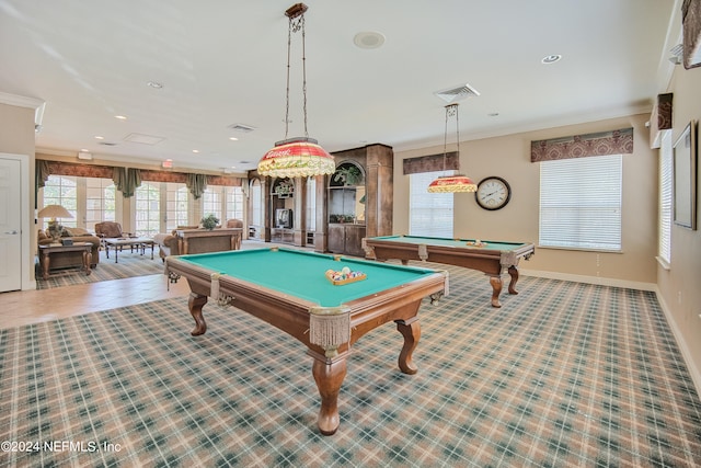 recreation room with billiards, tile patterned flooring, and ornamental molding