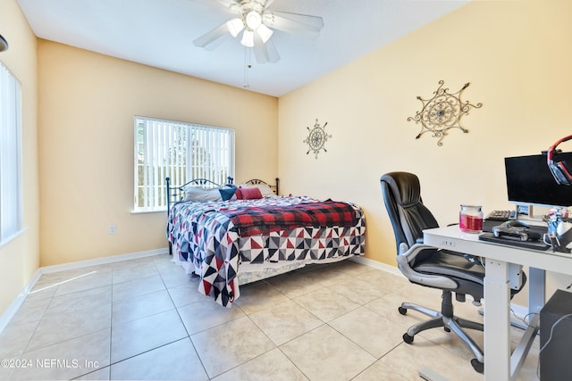 bedroom with light tile patterned floors and ceiling fan