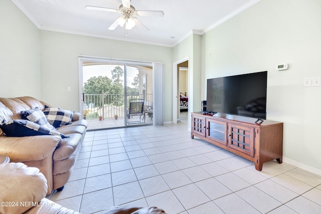 living room featuring ceiling fan, light tile patterned floors, and ornamental molding