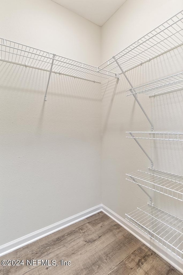 walk in closet with wood finished floors