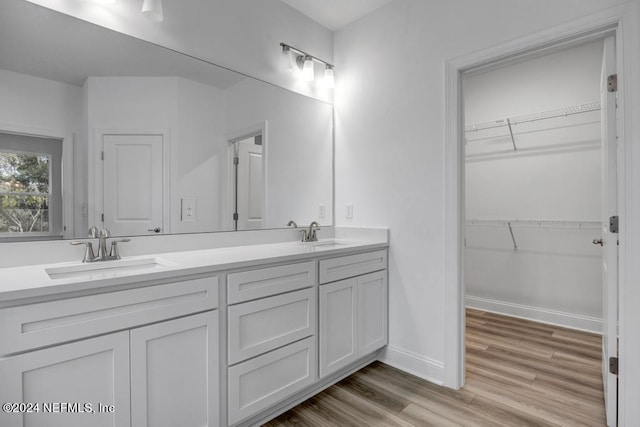 bathroom with hardwood / wood-style floors and vanity