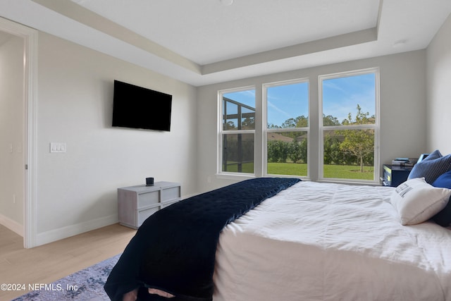 bedroom featuring light hardwood / wood-style floors and a raised ceiling