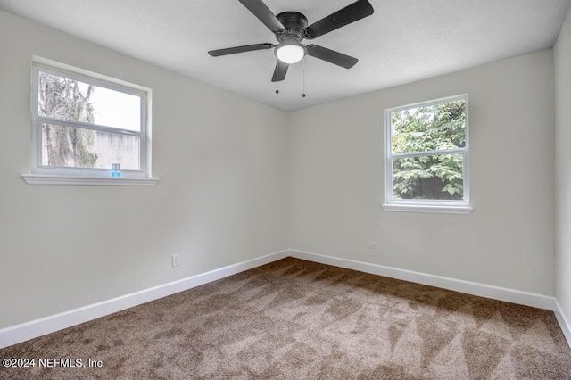 spare room featuring ceiling fan, carpet flooring, and a healthy amount of sunlight