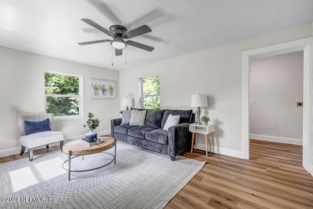 living room with hardwood / wood-style floors, ceiling fan, and a healthy amount of sunlight