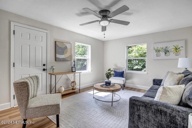 living room featuring ceiling fan and hardwood / wood-style floors