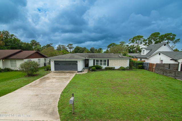 ranch-style house with a front yard and a garage