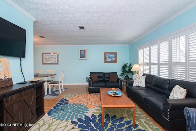 living room featuring ornamental molding, a textured ceiling, and light hardwood / wood-style floors