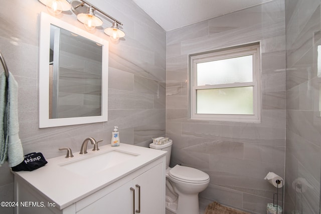 bathroom with tile walls, vanity, and toilet