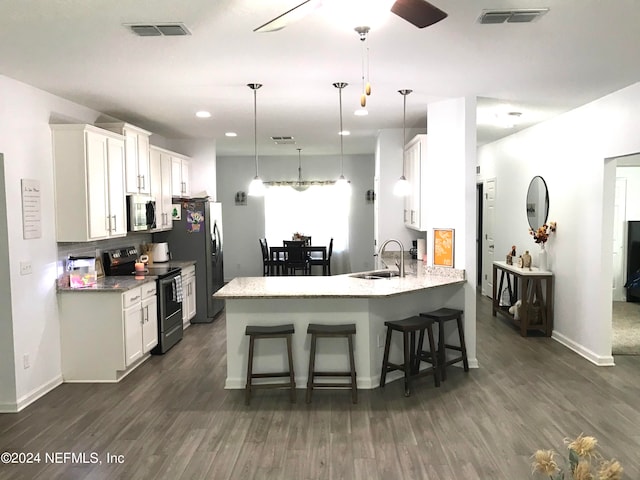 kitchen with white cabinets, stainless steel appliances, dark hardwood / wood-style floors, and sink