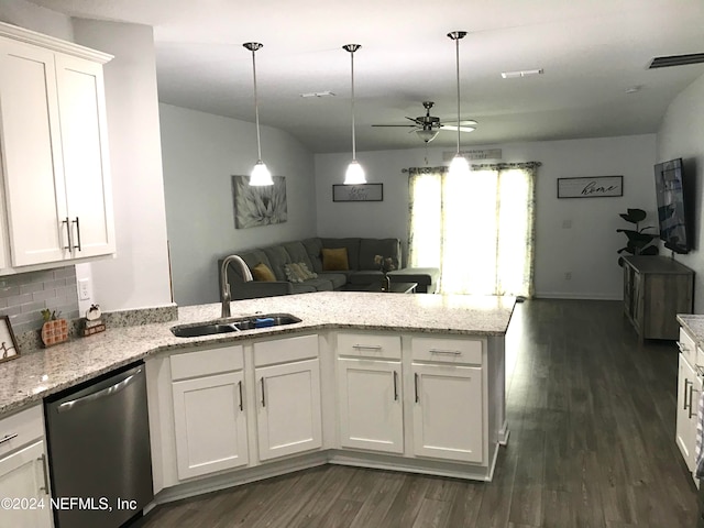 kitchen with white cabinetry, dark wood-type flooring, dishwasher, ceiling fan, and sink